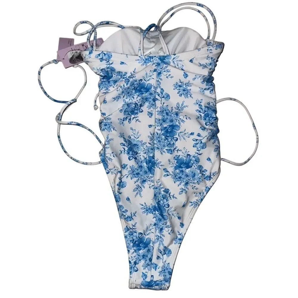WildFable Women's XXS Blue Floral One Piece Swimsuit Halter Neck‎